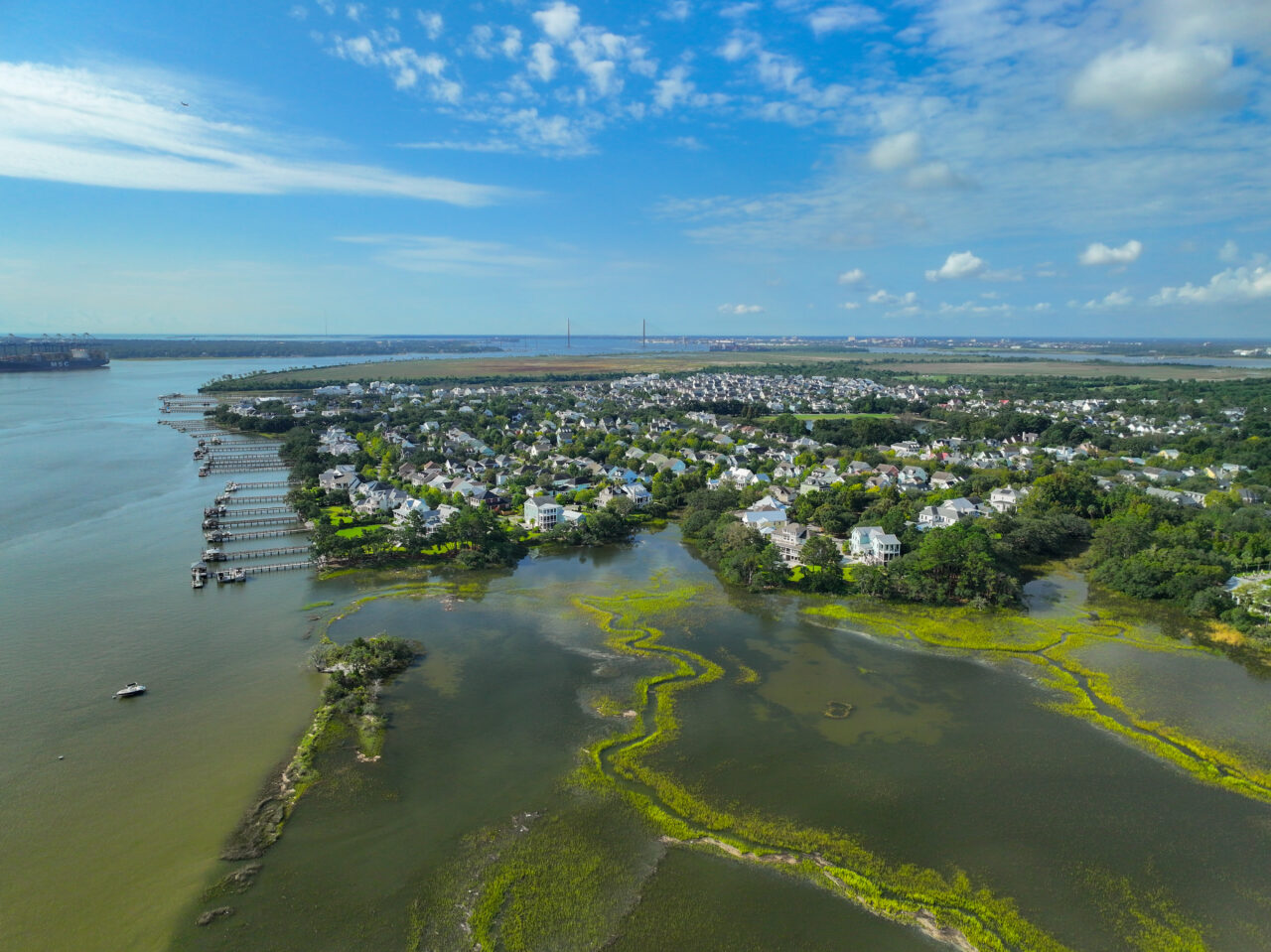Aerial view of a waterfront residential neighborhood with marsh, private docks, and a bridge in the distance.