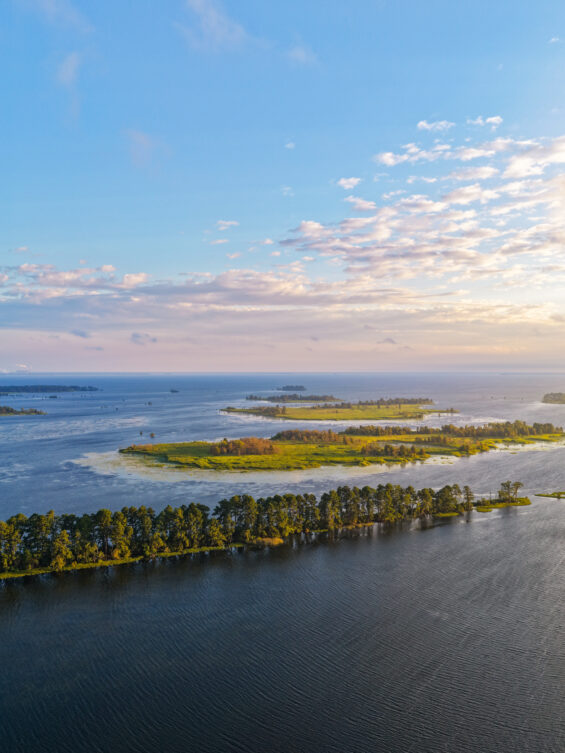 Aerial view of a coastal wetland with small islands, trees, and calm water at sunset.