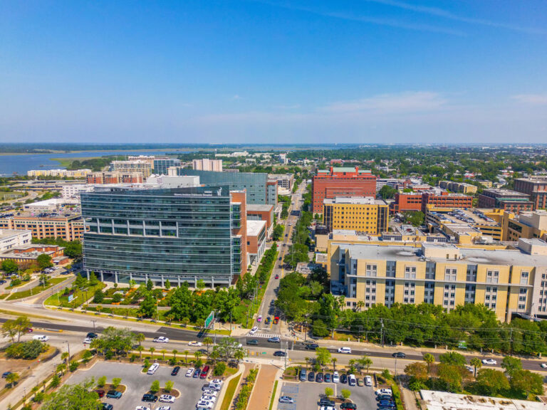 Aerial view of the MUSC medical district in Charleston with hospital buildings.