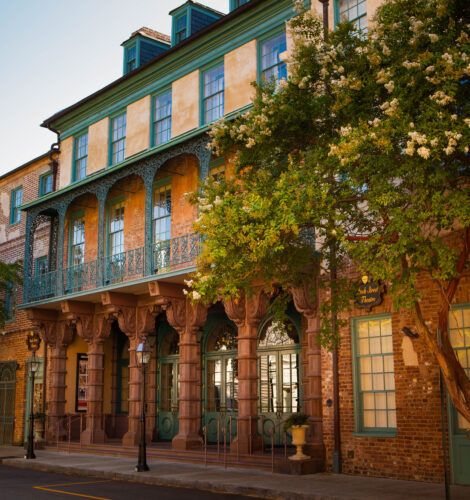 The exterior of the historic Dock Street Theatre in the French Quarter of Charleston, SC.