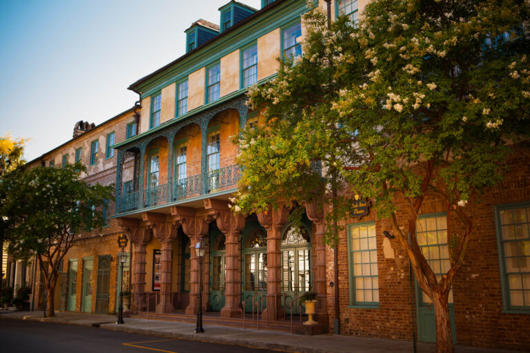 The exterior of the historic Dock Street Theatre in the French Quarter of Charleston, SC.