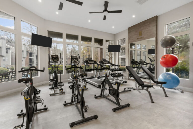 Stationary bicycles, treadmills, free weights, and yoga balls make up a modern gym.