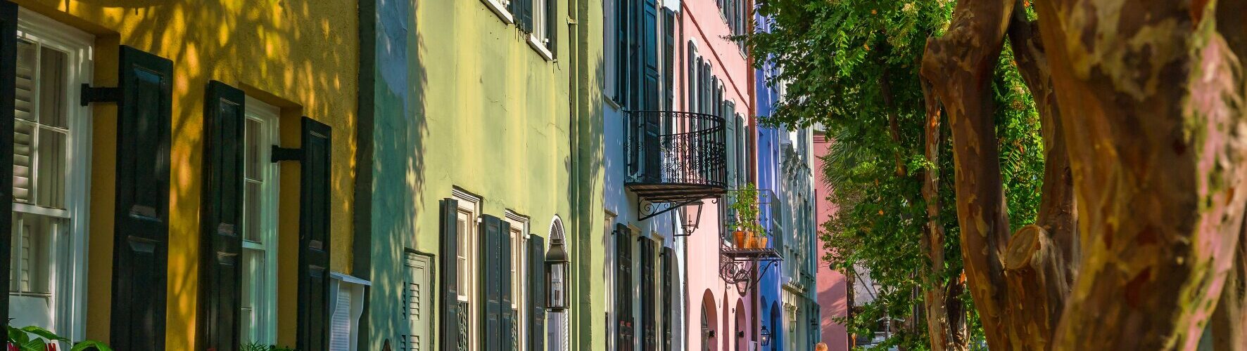 A rman walks his dog in front of a row of colorful townhouses in the Charleston region.