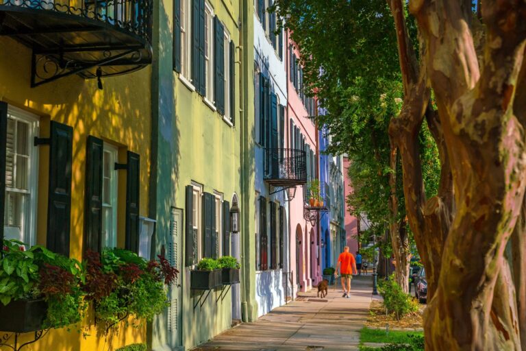 A rman walks his dog in front of a row of colorful townhouses in the Charleston region.