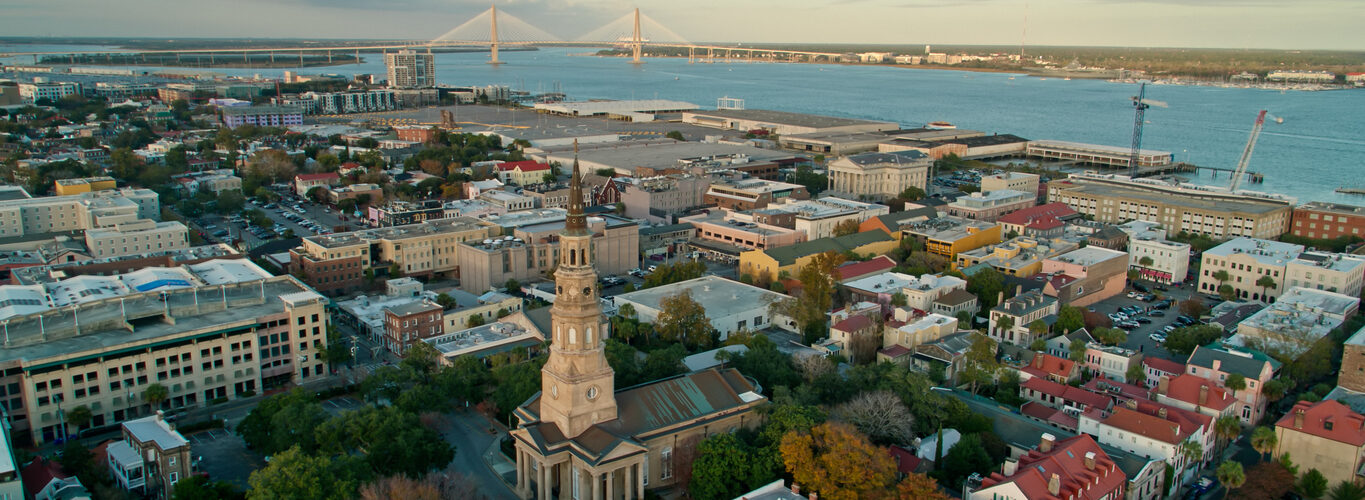 An aerial view of downtown Charleston during the day.