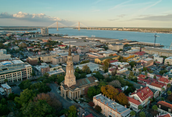 An aerial view of downtown Charleston during the day.