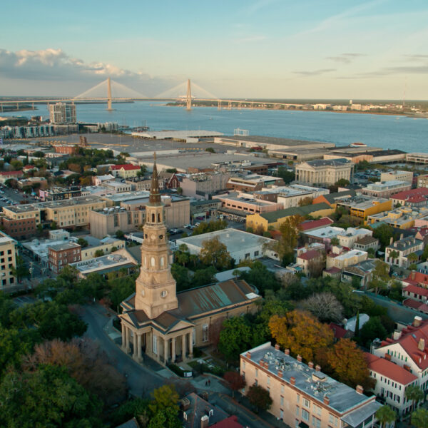 An aerial view of downtown Charleston during the day.