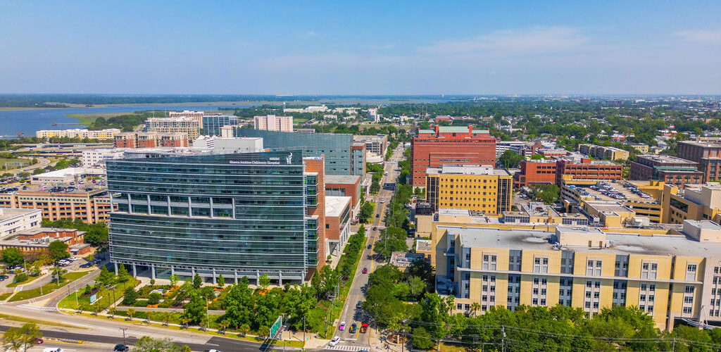 A drone view of buildings in downtown Charleston, SC.