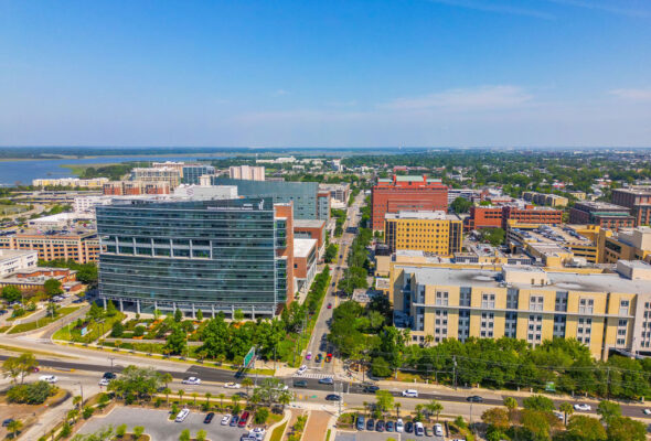 A drone view of buildings in downtown Charleston, SC.