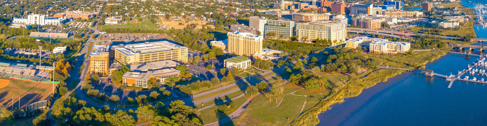 An aerial view of the Charleston region as the sun goes down.