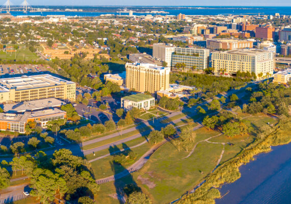 An aerial view of the Charleston region as the sun goes down.