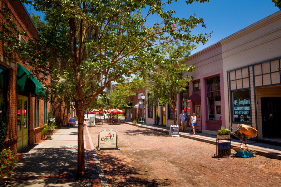 A quaint tree-lined street in Summerville, SC during the day.