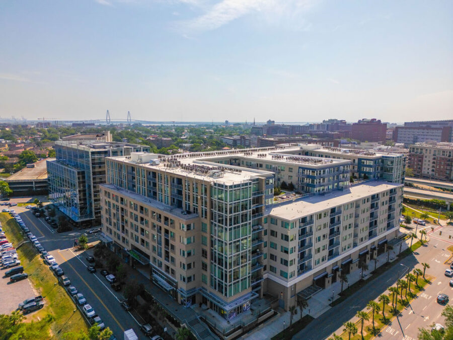 An aerial view of an office building in the Charleston region during the day.