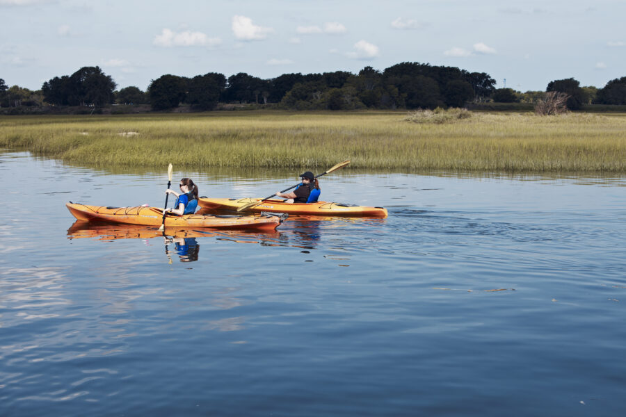 Two women go kayaking on a serene marsh.
