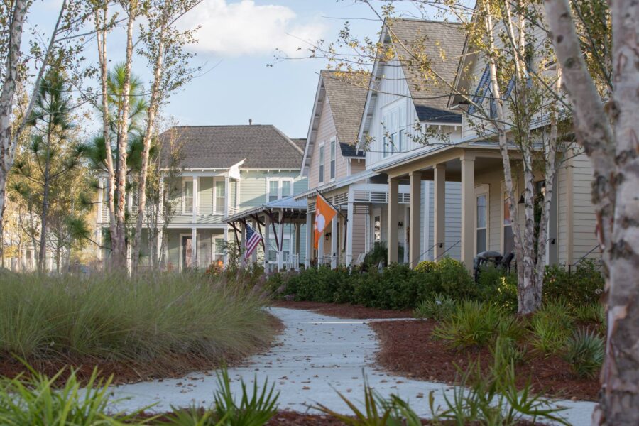 Colorful houses line a grassy pathway in a suburb in the Charleston region.