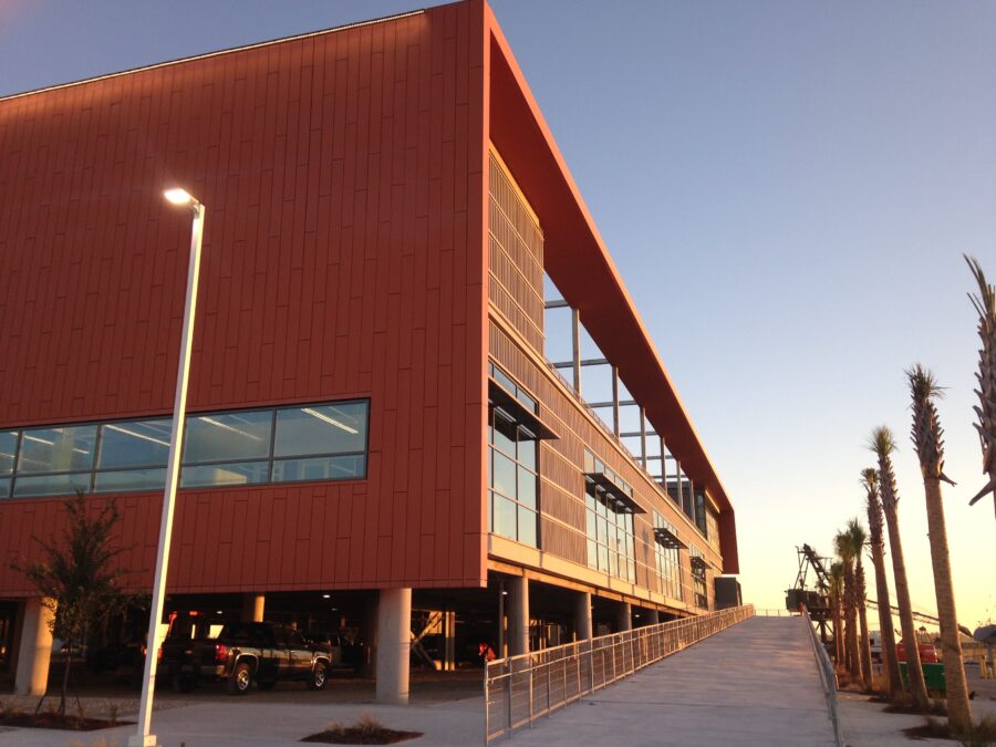 The exterior of the Zucker Graduate Center in South Carolina at dusk.