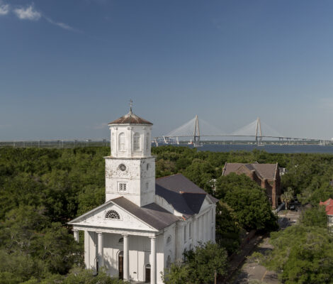 An aerial view of a church in Charleston, SC.