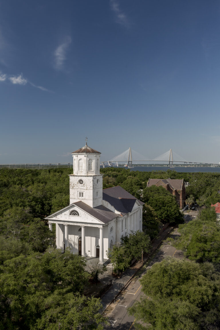 An aerial view of a church in Charleston, SC.